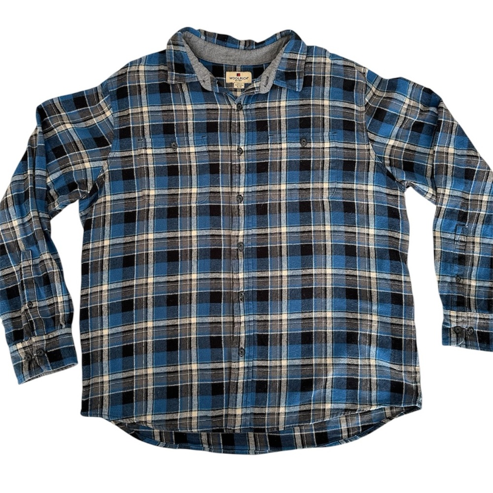 Woolrich Vintage 100% Cotton Black Blue Cream Plaid Flannel Shirt Men’s XL